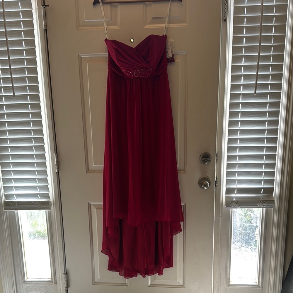 David's Bridal Red Ruched Strapless Gown